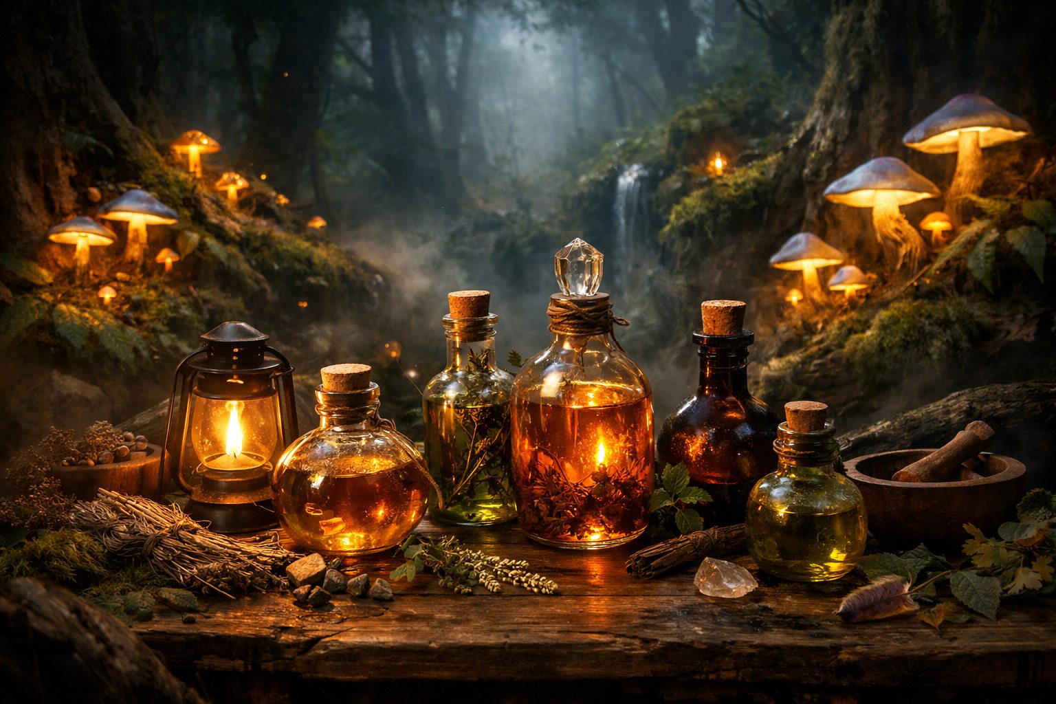 Лесная композиция с бутылочками, свечами и грибами